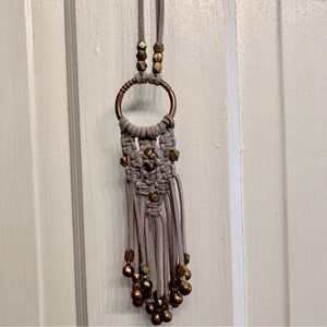 Noonday necklace, gray leather & gold beads